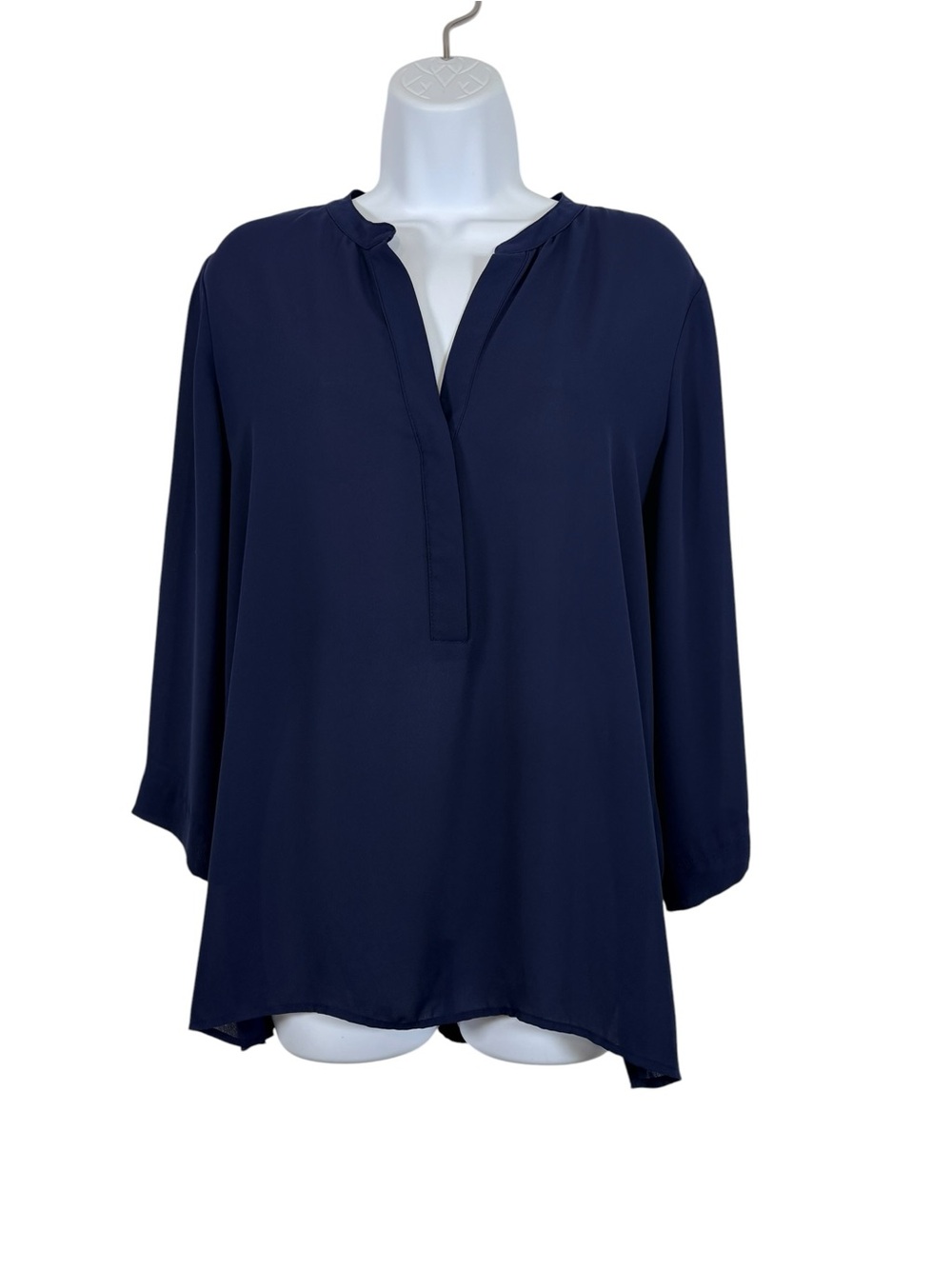 Alice Collection Navy Blue Split Neck Roll Tab Sleeve Tunic Top SzL